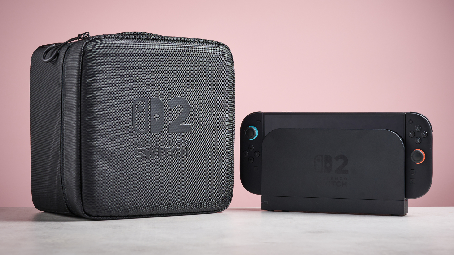 Nintendo Switch 2 All-In-One Carrying case next to Nintendo Switch 2 console in docked mode