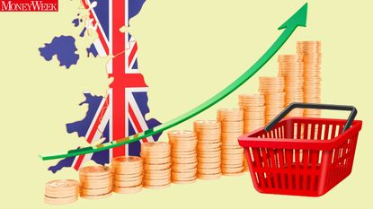 Inflation basket and UK map with coins rising 