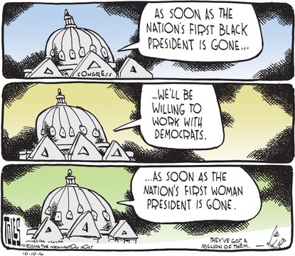 Political cartoon U.S. 2016 election Congress excuses Barack Obama Hillary Clinton