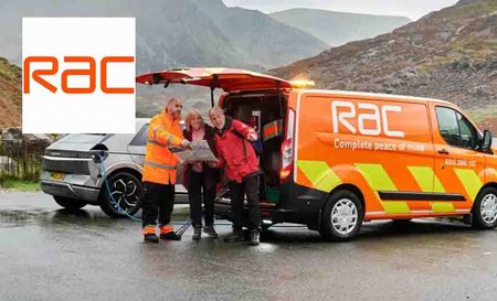 RAC logo top left with RAC staff and two citizens under boot of van sheltering under rain 
