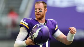 Carson Wentz #11 of the Minnesota Vikings looks on against the Cincinnati Bengals in the third quarter at U.S. Bank Stadium on September 21, 2025 in Minneapolis, Minnesota. 
