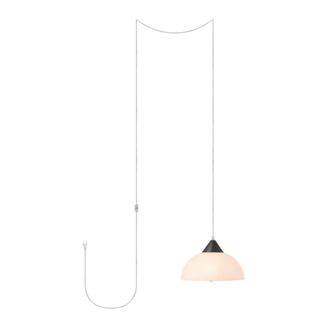 A hanging pendant light with a long wire and black fixture