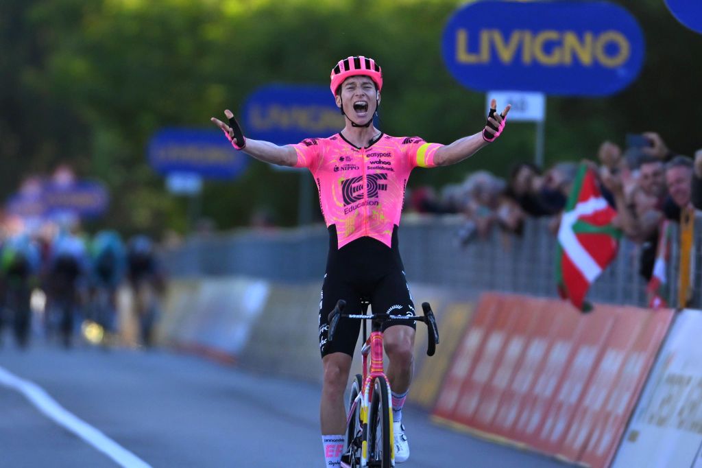 BORGOMANERO ITALY OCTOBER 10 Neilson Powless of The United States and Team EF Education EasyPost celebrates at finish line as race winner during the 108th Gran Piemonte 2024 a 182km one day race from Valdengo to Borgomanero on October 10 2024 in Borgomanero Italy Photo by Tim de WaeleGetty Images