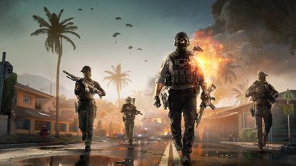 A squad of four players with different loadouts walk down a palm tree-lined street, with war explosions in the background behind them in key art for Battlefield Redsec