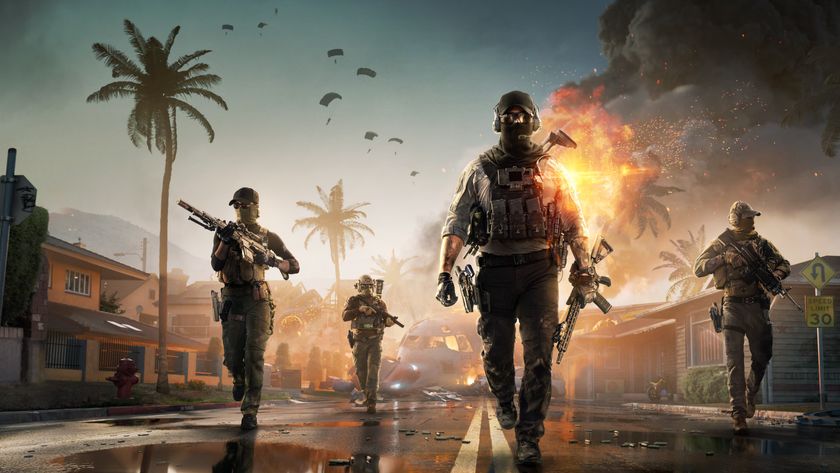 A squad of four players with different loadouts walk down a palm tree-lined street, with war explosions in the background behind them in key art for Battlefield Redsec