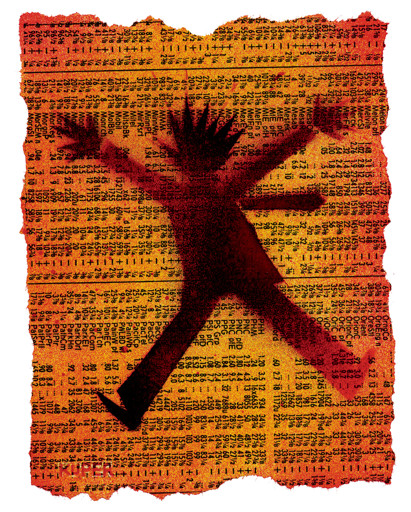 This political cartoon is drawn by Peter Kuper and is wordless. It displays a large, dark-colored silhouette of a man overlaid on a page that has been torn out of a newspaper. The man has his arms and legs spread and his tie to the side and looks as if he is in free fall. The newspaper is a dark, smoky color and is covered in stock names and prices.