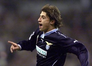 Lazio's Hernan Crespo jubilates during the Champion's league match against Real Madrid 13 february 2001, in Santiago Barnabeu stadium in Madrid. Real Madrid won 3-2.