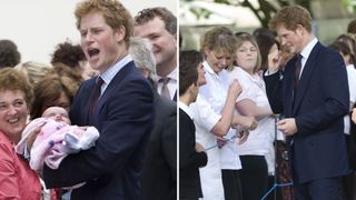 left: Prince Harry holding a baby, right: Prince Harry holding his fist at a fan