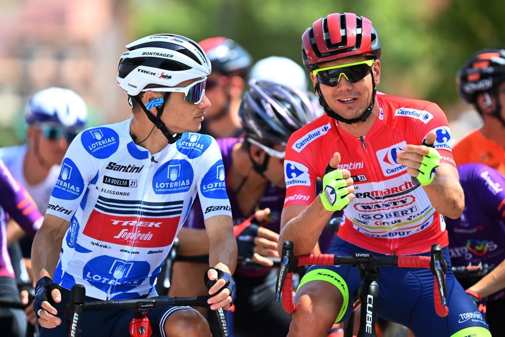 ALBACETE SPAIN AUGUST 18 LR Kenny Elissonde of France and Team Trek Segafredo Polka Dot Mountain Jersey and Rein Taarame of Estonia and Team Intermarch Wanty Gobert Matriaux Red Leader Jersey prior to the 76th Tour of Spain 2021 Stage 5 a 1844km stage from Tarancn to Albacete lavuelta LaVuelta21 on August 18 2021 in Albacete Spain Photo by Gonzalo Arroyo MorenoGetty Images