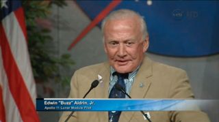 Astronaut Buzz Aldrin speaks at the memorial service for Neil Armstrong at Johnson Space Center, TX, June 20, 2013.
