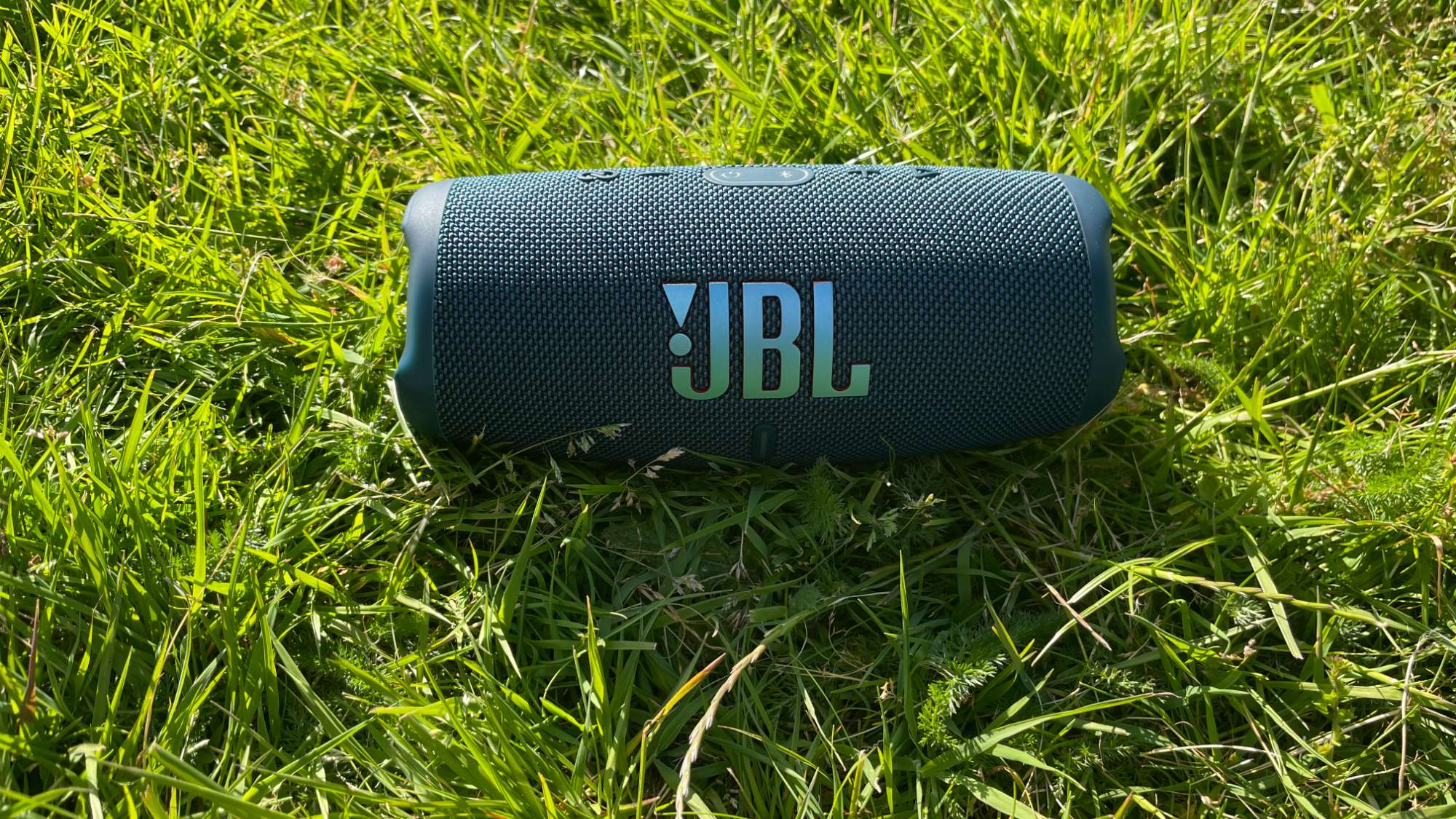 A black JBL Charge 5 Bluetooth speaker on the grass