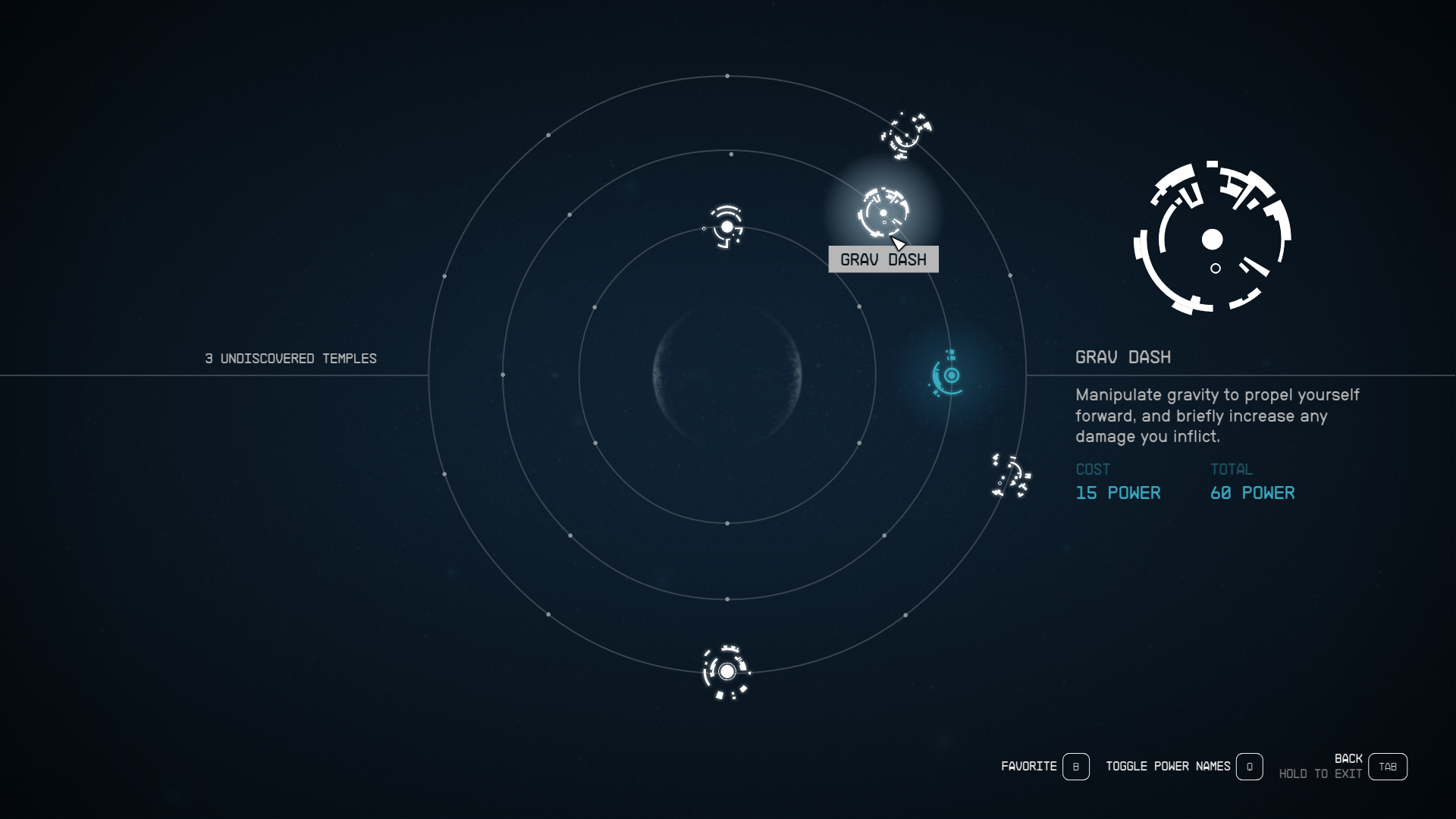 A screen displaying the power menu in Starfield.