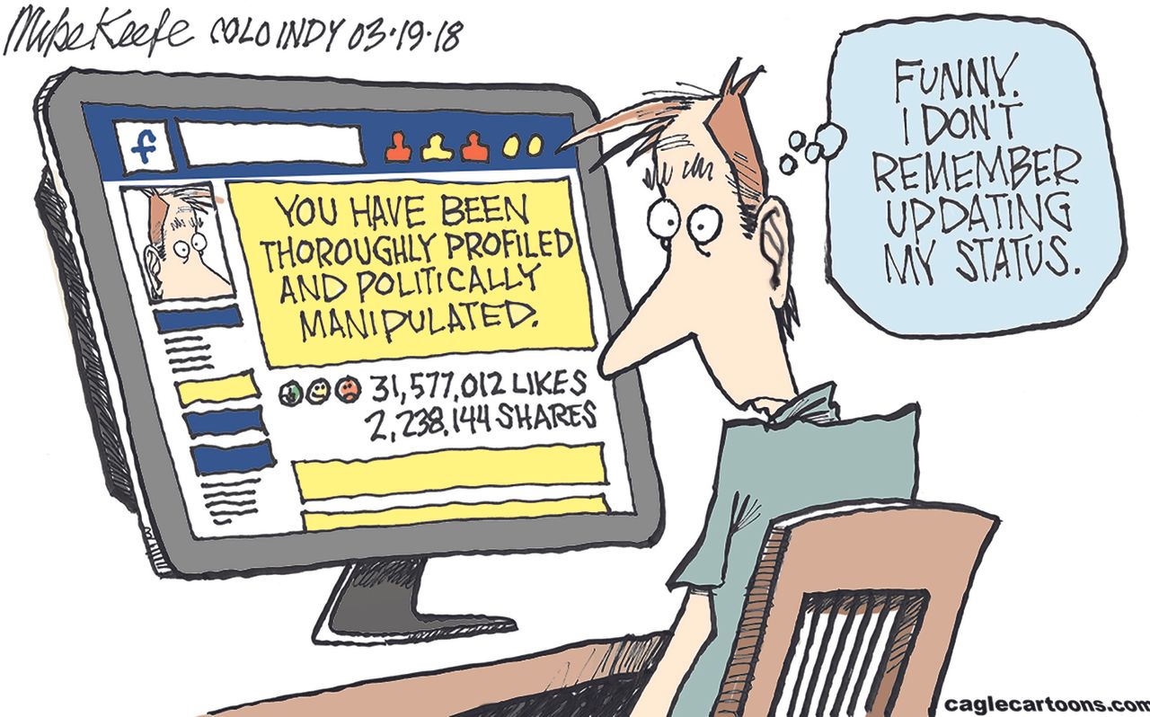 Political cartoon U.S. Facebook data harvesting Cambridge Analytica poll