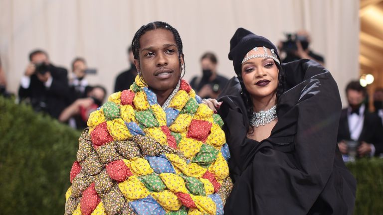 ASAP Rocky and Rihanna attend The 2021 Met Gala Celebrating In America: A Lexicon Of Fashion at Metropolitan Museum of Art on September 13, 2021 in New York City.
