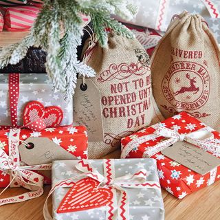 red and grey gift boxes and brown bags