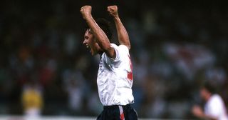 1990 FIFA World Cup - England v Cameroon - Gary Lineker celebrates after scoring a penalty for England.