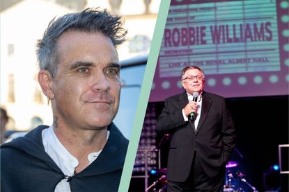 Robbie Williams in split layout with picture of Robbie's dad Pete Williams performing as Pete Conway