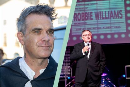 Robbie Williams in split layout with picture of Robbie&#039;s dad Pete Williams performing as Pete Conway