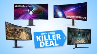 Gaming Monitors for Labor Day Deals on blue background with Tom's Guide Killer Deal Badge