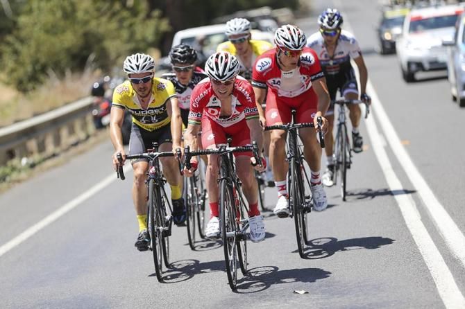Will Walker leads the break with 30km to go.