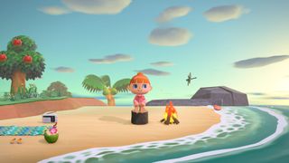 Animal Crossing: New Horizonsin paratiisisaarella nuotio ja naishahmo