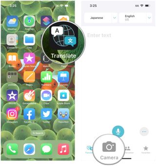 Translate a camera capture in iOS 16: Launch Translate, tap Camera