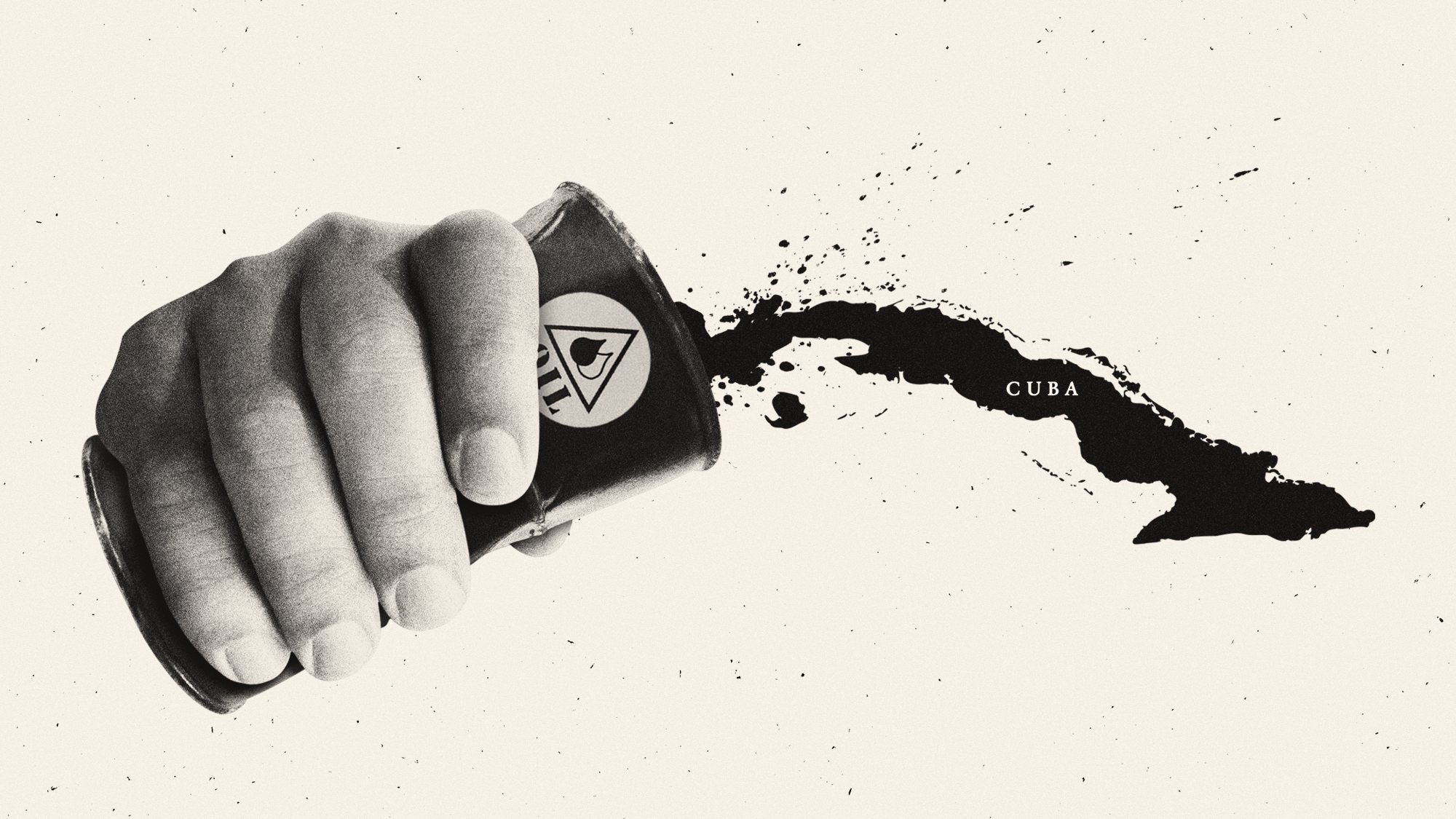 Illustration of a hand crushing an oil barrel and spilling the contents in the shape of the Cuban landmass