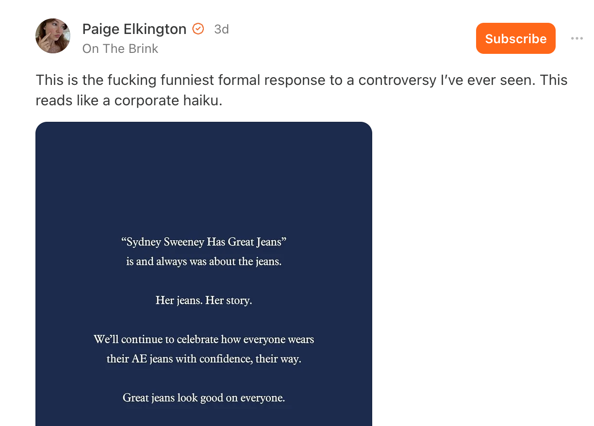 A Substack Note expressing distaste for American Eagle's statement