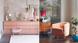 Compilation image of a bedroom with a sideboard and a living room with avelvet chair bith in pantone colour of the year 2024 Peach Fuzz
