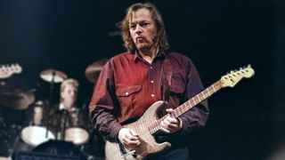David Gilmour performing at a charity jam at the Town & Country Club, London, England in 1987.