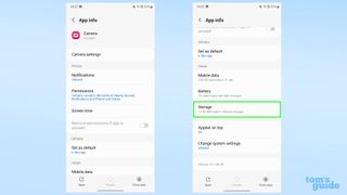 Two screenshots of the Samsung Galaxy S23 Ultra showing where to find the storage options for a specific app