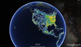 A new paper, published online June 10 in the journal Science Advances, details a comprehensive map of artificial sky-brightness across the world. Here, the data for North America are overlaid on a map from Google Earth.
