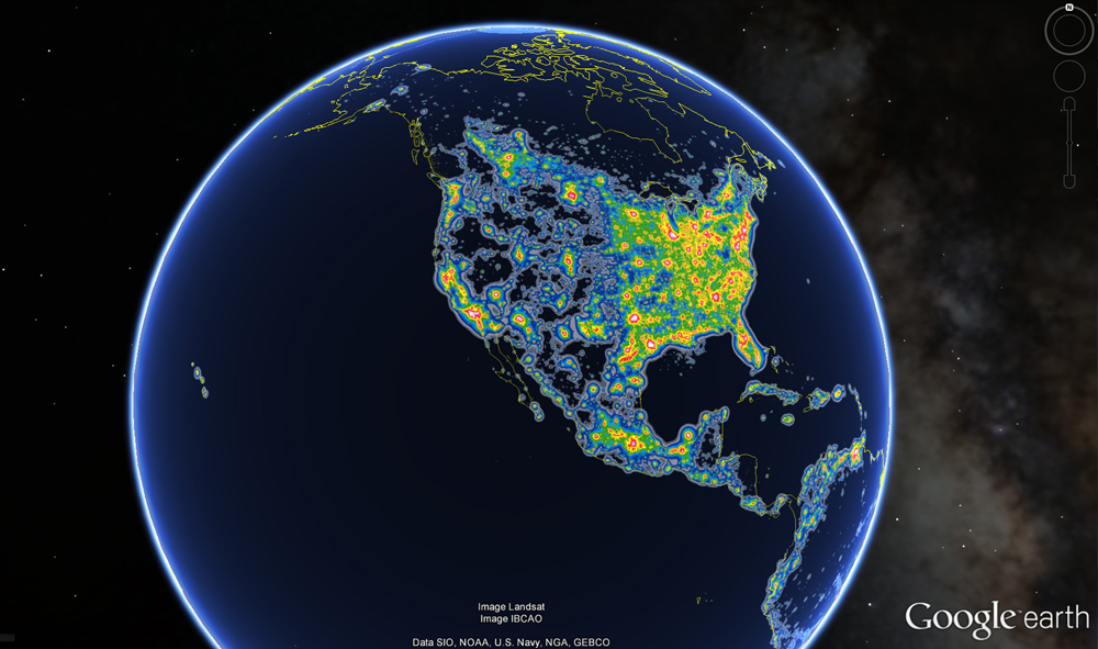 A new paper, published online June 10 in the journal Science Advances, details a comprehensive map of artificial sky-brightness across the world. Here, the data for North America are overlaid on a map from Google Earth.