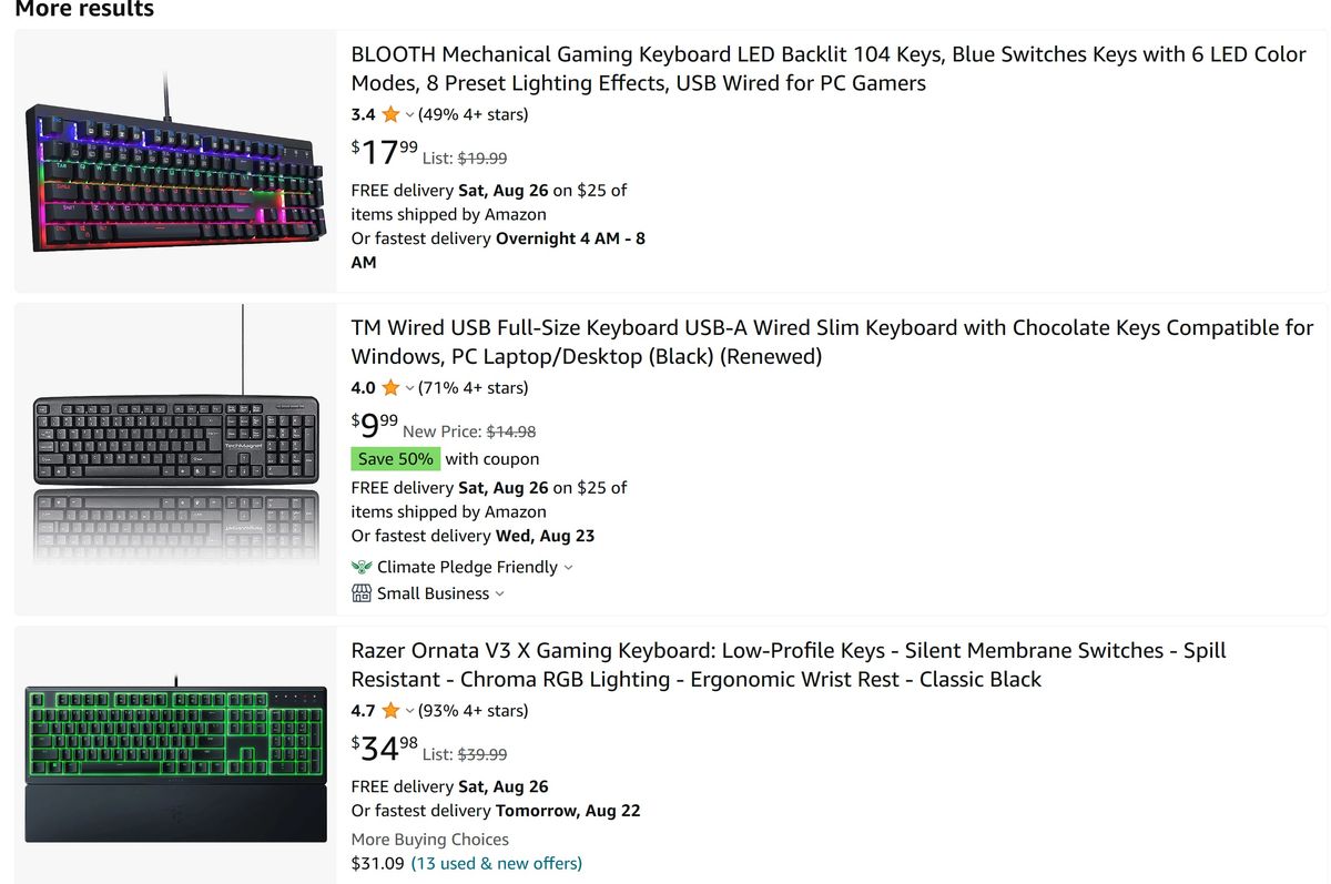 Amazon store listings with star ratings