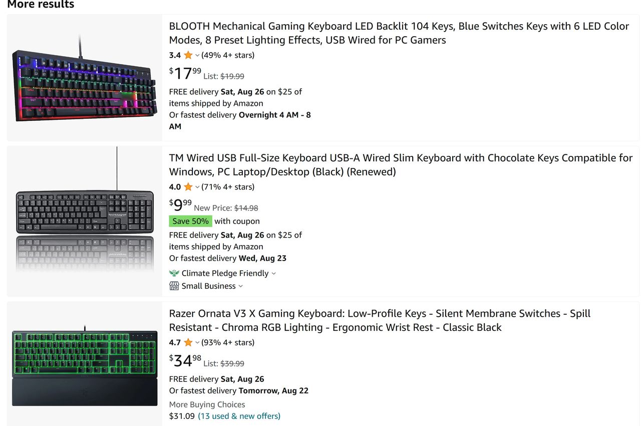 Amazon store listings with star ratings