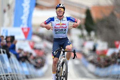 TEULADA MORAIRA, SPAIN - FEBRUARY 07: Remco Evenepoel of Belgium and Team Red Bull - BORA - hansgrohe celebrates at finish line as stage winner during the 77th Volta Comunitat Valenciana 2026, Stage 4 a 172km stage from La Nucia to Teulada Moraira on February 07, 2026 in Teulada Moraira, Spain. (Photo by Szymon Gruchalski/Getty Images)