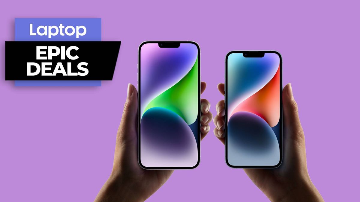 Apple iphone 14 and iPhone 14 plus in hands against a purple background