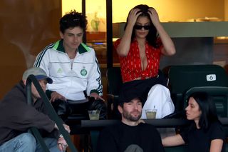 A photo of Kylie Jenner and Timothée Chalamet attending a match at Indian Wells Tennis Garden on Mar. 10.