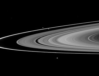 Saturn's moons Prometheus, Pandora and Epimetheus can be seen among the planet's rings in this image from the Cassini spacecraft. New views of Pan, Dasphnis, Atlas, Pandora and Epimetheus have suggested possible reasons for the strange shapes and colors of those moons.