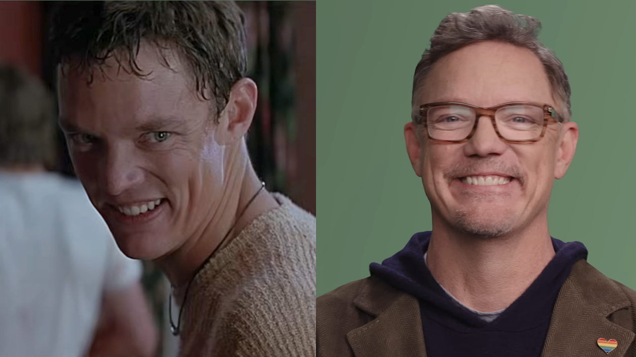 SIde by side: Stu smiling mischievously in Scream, Matthew Lillard smiling into the camera for Mint Mobile commercial