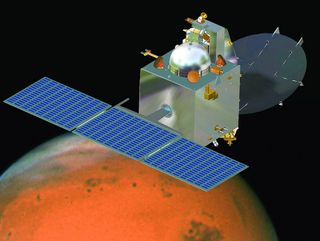 An artist's view of India's first Mars probe, the heart of the Mars Orbiter Mission, in orbit around the Red Planet. India's first Mars orbiter will arrive at its target on Sept. 24, 2014.