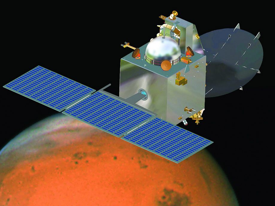 An artist&#039;s view of India&#039;s first Mars probe, the heart of the Mars Orbiter Mission, in orbit around the Red Planet. India&#039;s first Mars orbiter will arrive at its target on Sept. 24, 2014.