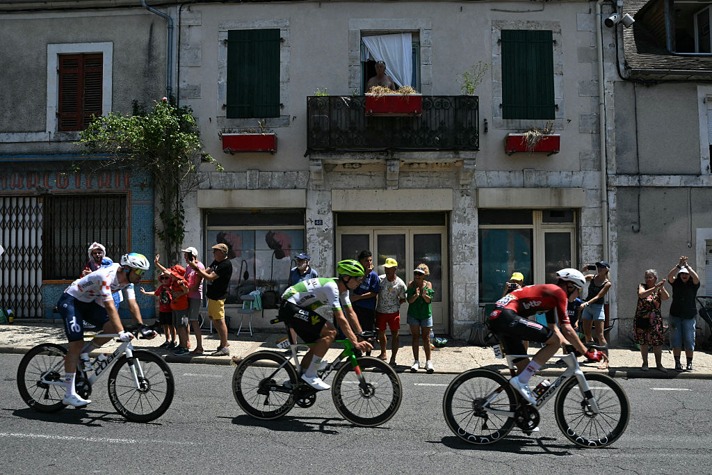 TotalEnergies team's French rider Thibault Guernalec, Caja Rural - Seguros RGA team's Czech rider Jakub Otruba and Lotto Intermarch&amp;eacute; team's Belgian rider Liam Slock cycle in a breakaway during the 8th stage of the 113th edition of the Tour de France cycling race, 180,4 km between Perigueux and Bergerac in southwestern France, on July 11, 2026. (Photo by Jeff PACHOUD / AFP)