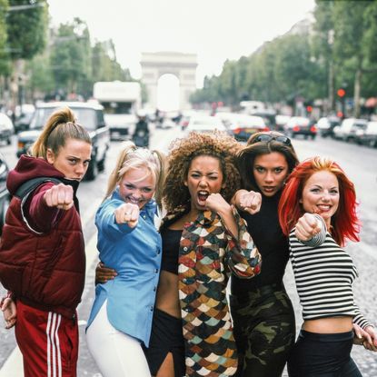 English pop group The Spice Girls, Paris, September 1996. Left to right: Melanie Chisholm, Emma Bunton, Melanie Brown, Victoria Beckham and Geri Halliwell aka Sporty, Baby, Scary, Posh and Ginger Spice