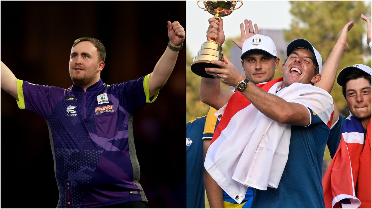 Luke Littler (left) celebrates his win at the World Darts Championship and Rory McIlroy (right) with the Ryder Cup trophy.