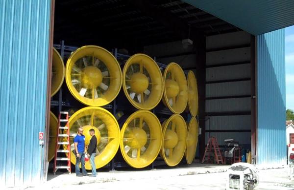 The rear of the new Wall of Wind. This side pulls in wind and blasts it housing prototypes on the inside.