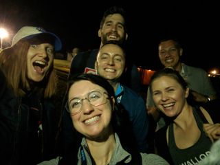 You can meet some pretty incredible people at a rocket launch, here I am celebrating the launch with a few friends from #NasaSocial. Chelsea Gohd (front, center), Pumpkinberry (left), Michael May (middle, center), Charlie Garavaglia (back, center), Karen Darlin (front, right) and Wade Bricknell (back, right).