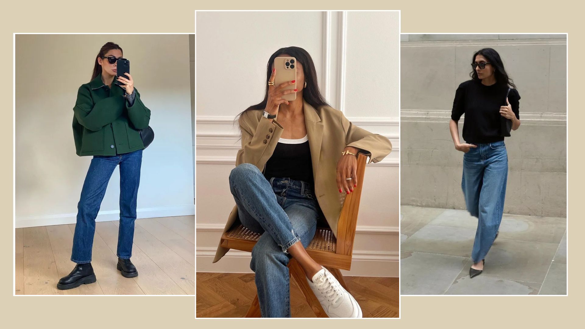 Three women wear designer jeans