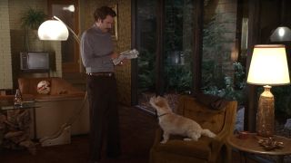 Will Ferrell having a conversation with his dog in Anchorman The Legend of Ron Burgundy.