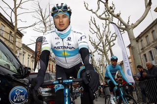 Kazakh road race champion Alexey Lutsenko (Astana) stays warm ahead of the opening stage of the 2020 Tour de la Provence